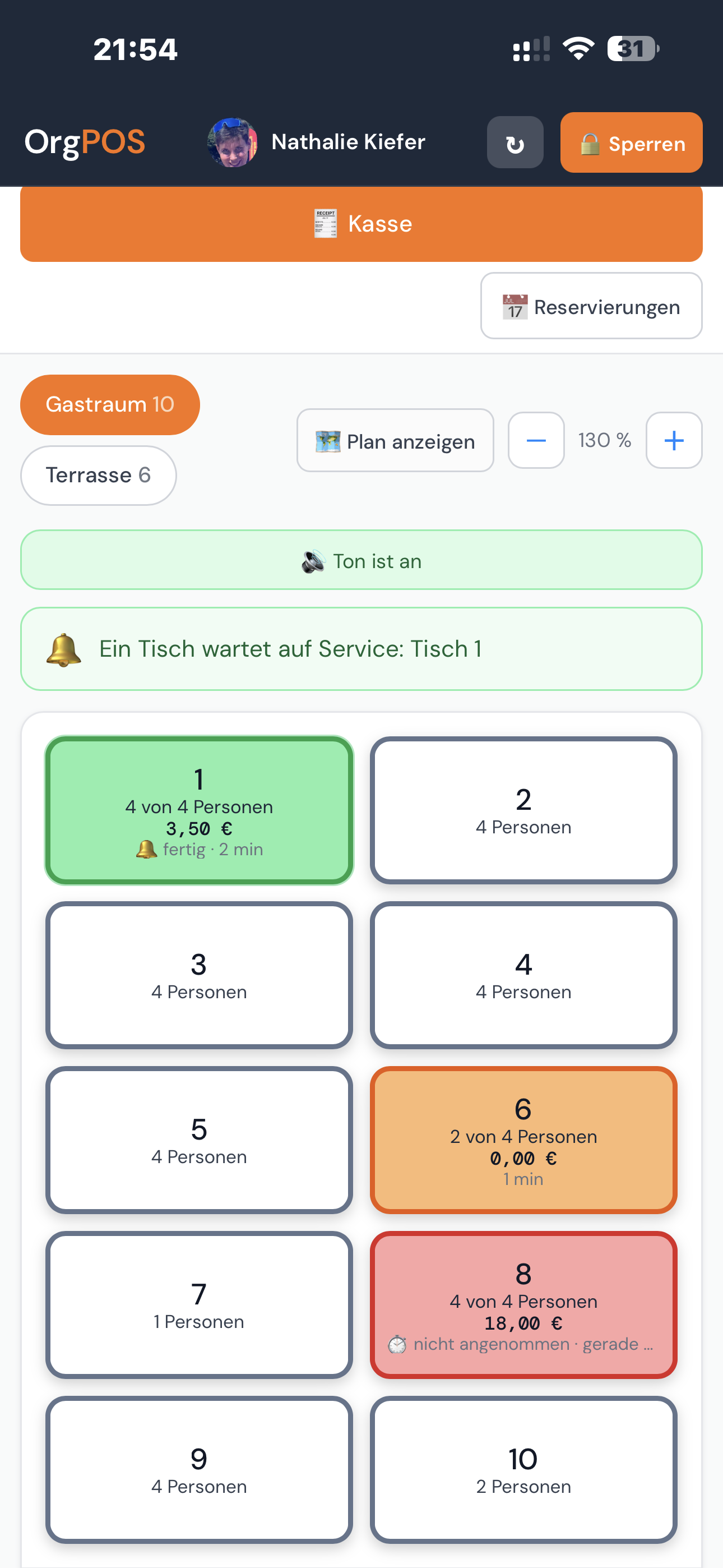 OrgPOS am Handy: Tische auf einen Blick